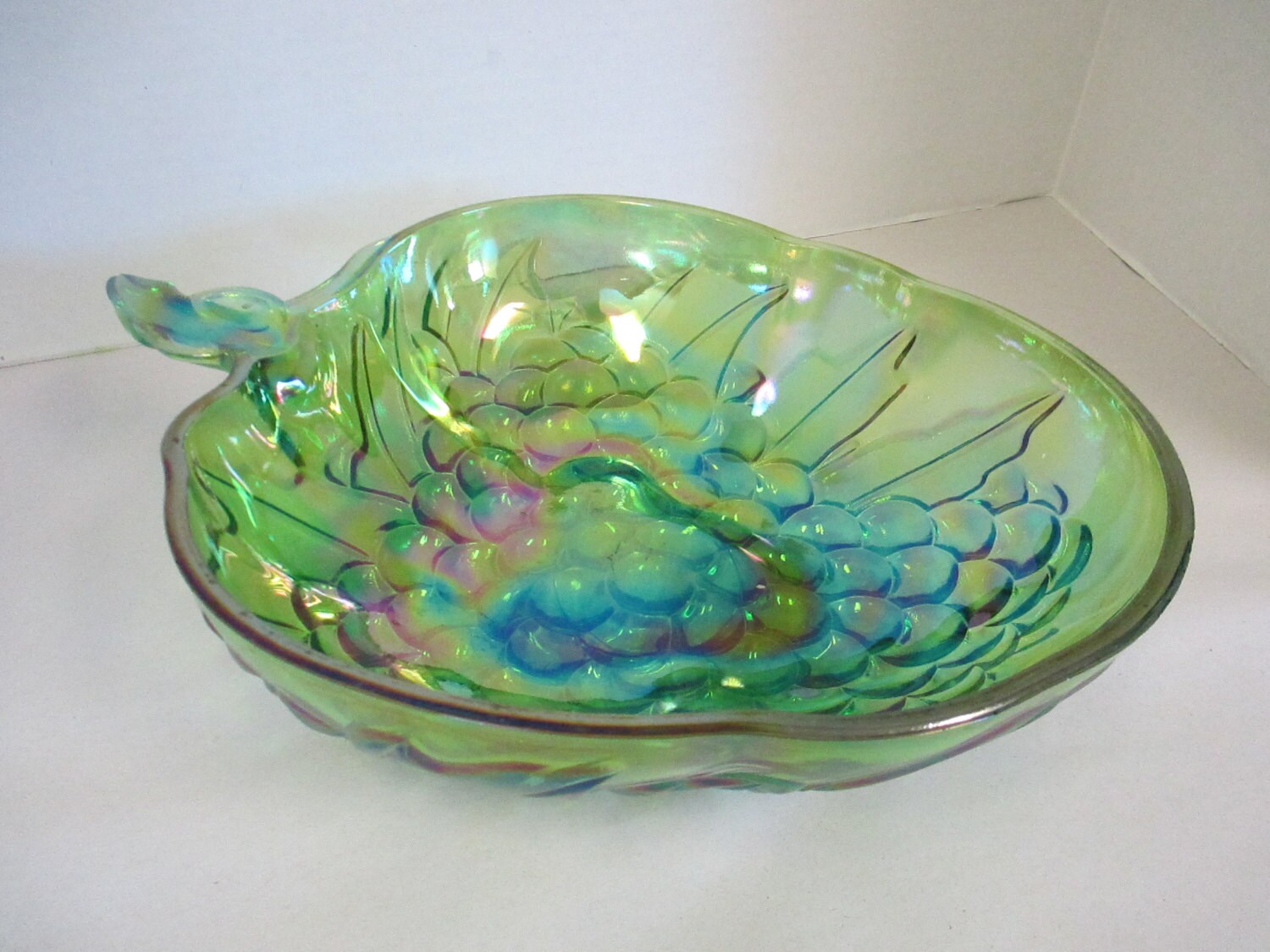 Vintage Carnival Glass Fruit Bowl Green Colored Iridescent