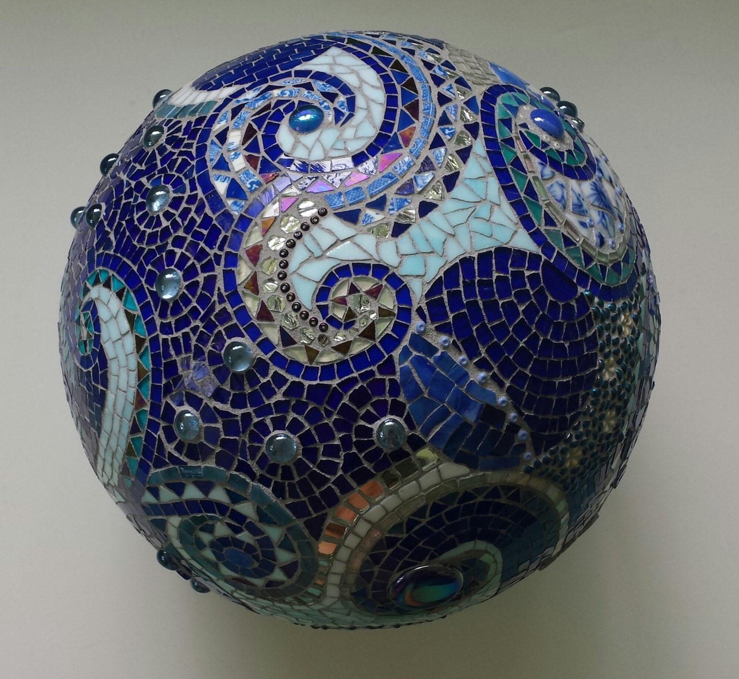 mosaic orb garden gazing ball sphere cobalt blue stained glass