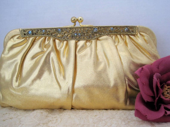 Gold Lame Purse Signed Ingber Rhinestone Clutch