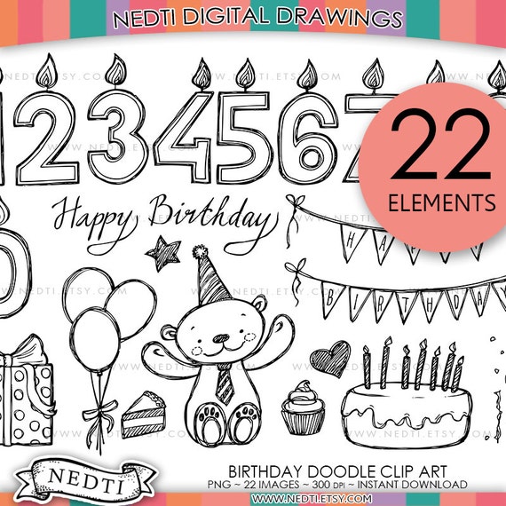 Birthday Doodle Clip Art PNG Instant Download Happy