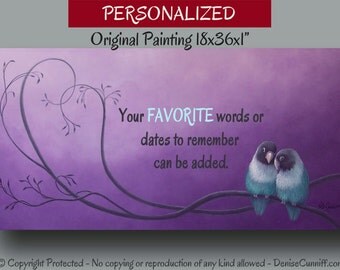 Bedroom decor, Original painting, Teal plum orchid, Large wall art, Canvas quote, Lovebirds, Bird, Personalized, Anniversary, Wedding gift