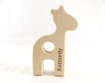 Organic Wooden PERSONALIZED Baby Teether - GIRAFFE - Natural Maple Wood Teether