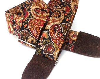Guitar Strap in Gypsy Paisley Earth Tones with Black or Brown Leather Ends