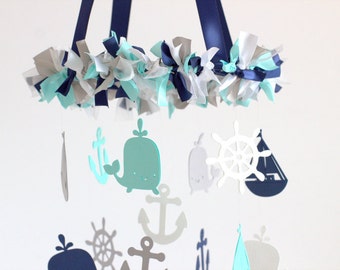 Nautical Nursery Mobile in Navy, Aqua, Gray & White-Baby Mobile, Crib Mobile, Baby Shower Gift