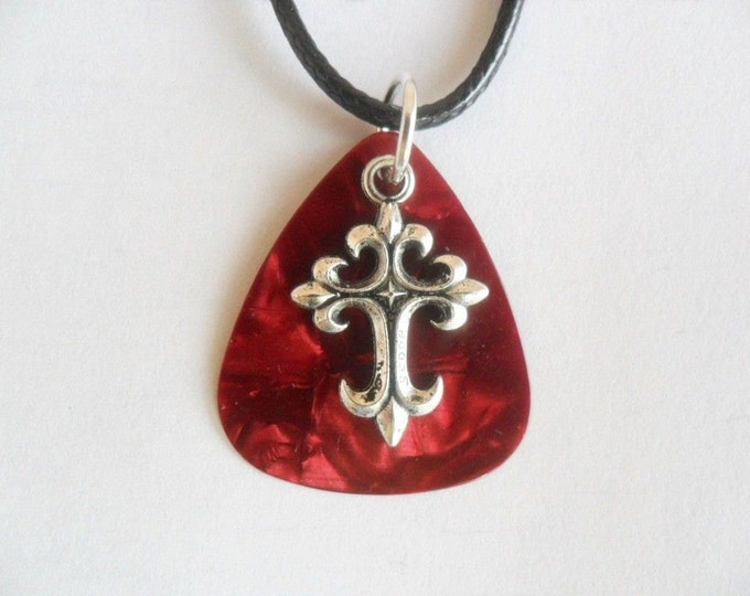 Red Guitar pick necklace with cross charm and adjustable cord