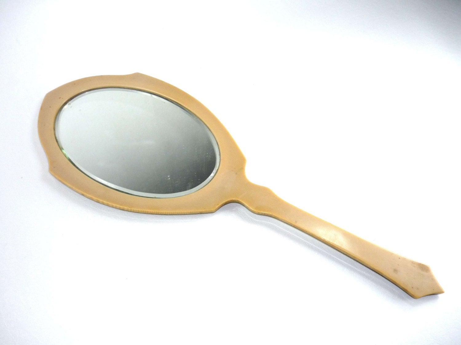 Vintage Hand Held Mirror Belveled Glass Yellow Green Plastic