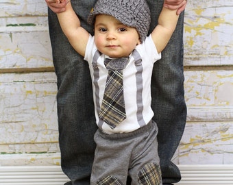 Items similar to Baby Boy Tie and Suspender Bodysuit with Crocheted Hat ...