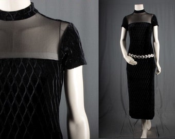 Black maxi dress Velvet Mesh net chevron design disco vintage women size S small