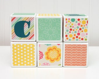 Baby Blocks Personalized - SET OF 6 - Girl - Mint Yellow Coral Pink Flowers Dots Stripes