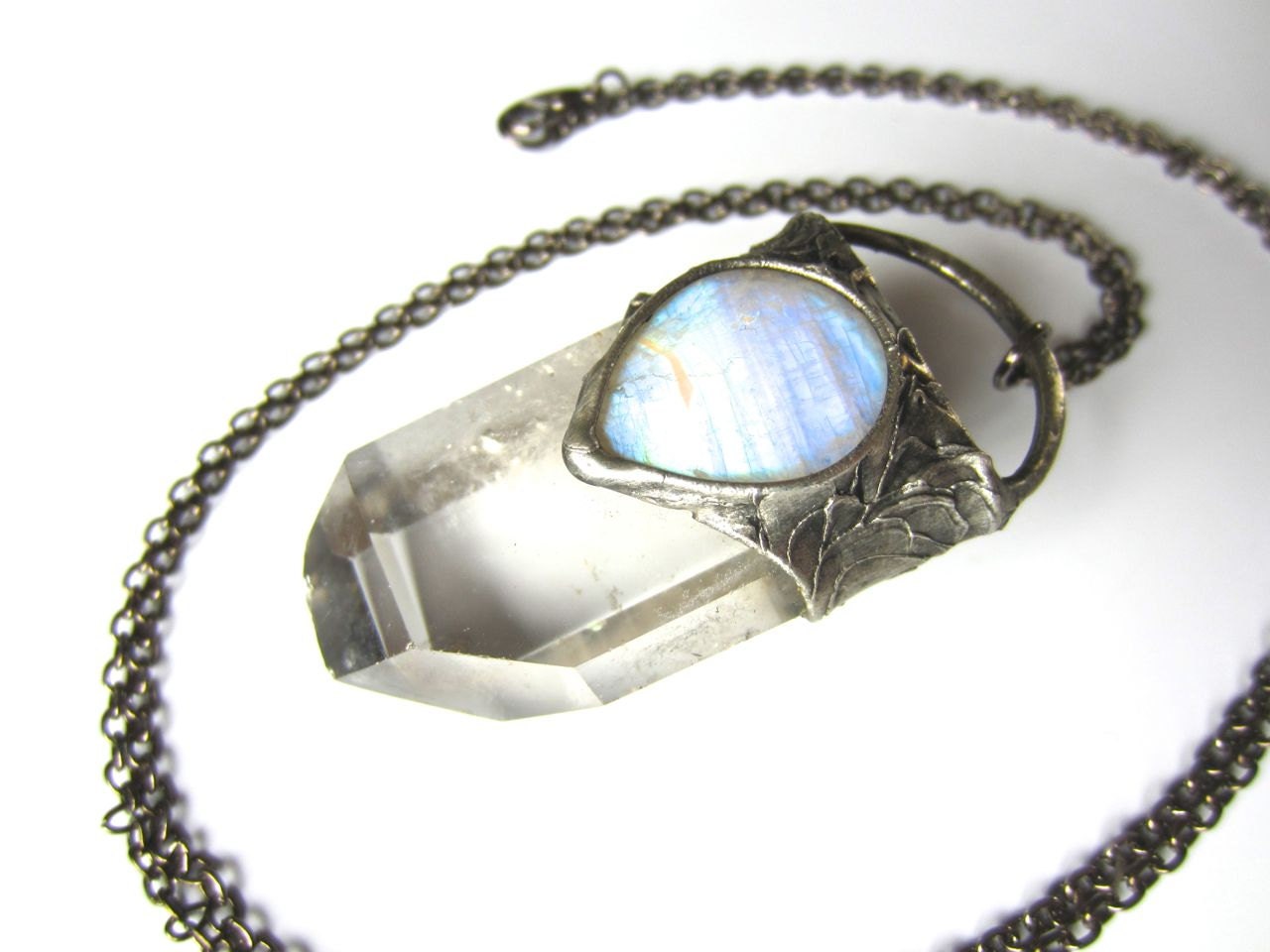 avalon rainbow moonstone & quartz crystal by callistojewelry
