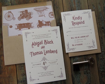 Steampunk Wedding Invitation Suite, vintage inspired industrial Victorian machinery antique train zeppelin rustic whimsical customizable