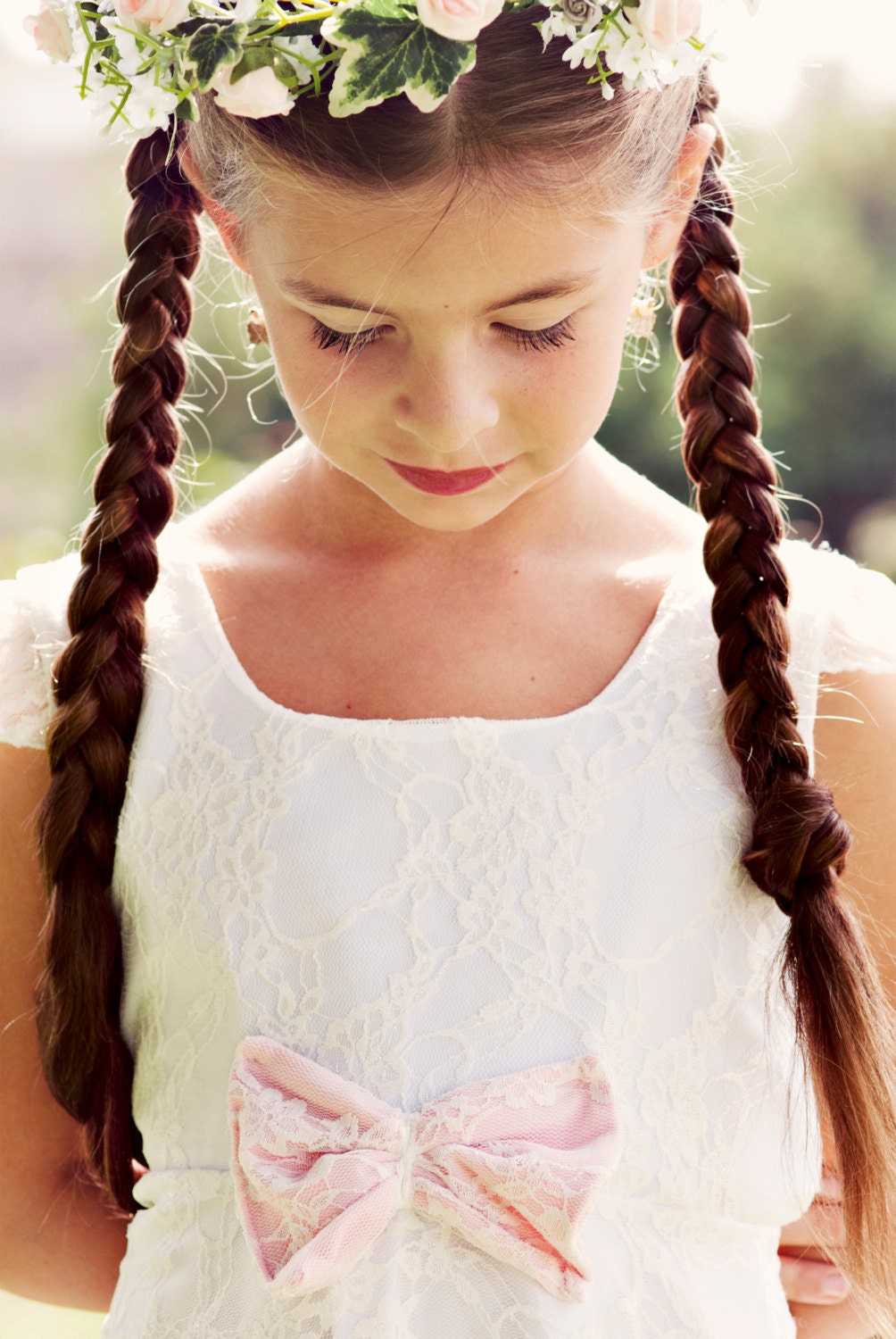 Wedding Flower Girl White Lace heart cut out Dress for girls