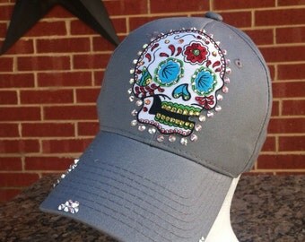 Sugar Skull/Day of the Dead Distressed Baseball Style Hat.... EXTRA Bling/Rhinestones