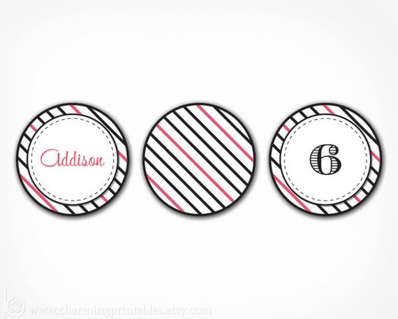 Printable Cupcake Toppers - Custom Colors, Fonts - DIY PDF File - Party Circle, Gift Tag, Favor Tag, Label - Stripe Pattern Collection Il_570xn