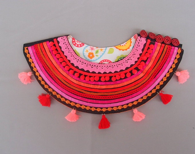 Statement Tribal Necklace,Tassels Ethnic Jewelry, Ethnic Textile Collar, Red Pink Handmade Fashion Necklace, Art to wear, boho necklace