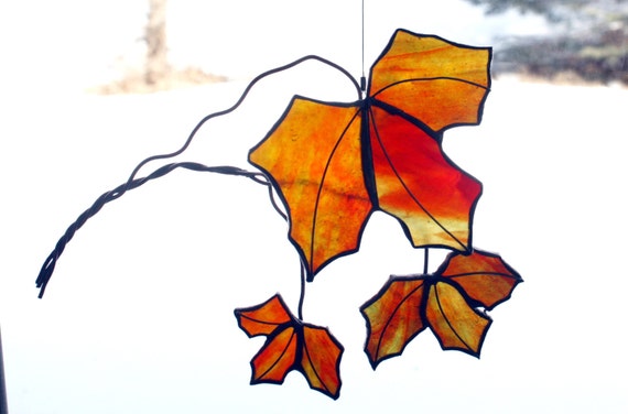 Stained Glass Red Maple Tree Branch with Leaves by BerlinGlass