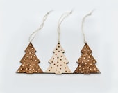 Christmas Tree Woodburned Ornament set of 3 - Polka Dot Pyrography Christmas Tree - Beige and Brown Wood Decoration