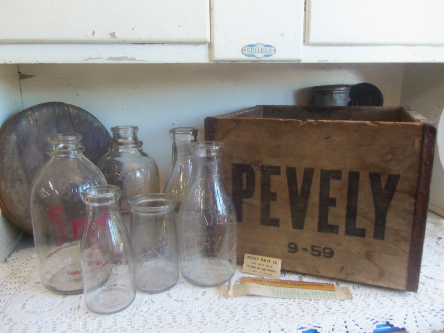 6 Vintage Pevely Dairy Bottles with Wood Pevely Dairy Crate
