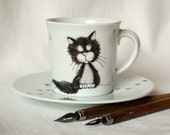 black cat cup and saucer handpainted on vintage porcelain cup halloween cat coffee cup