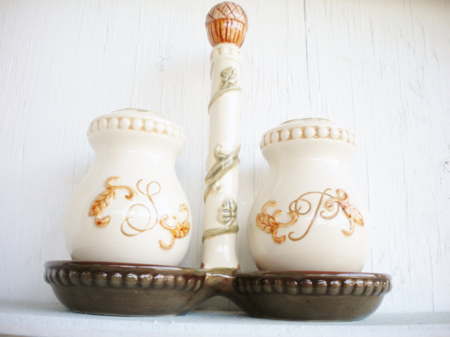 Vintage Salt and Pepper Shakers with Holder 3 Piece Set Hippie Boho For