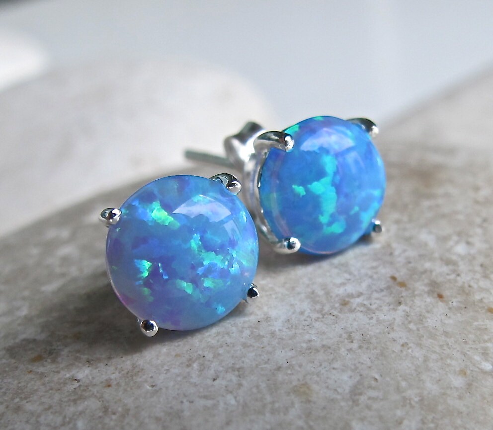 Blue Opal Studs Post Earrings Opal Earrings Silver Studs