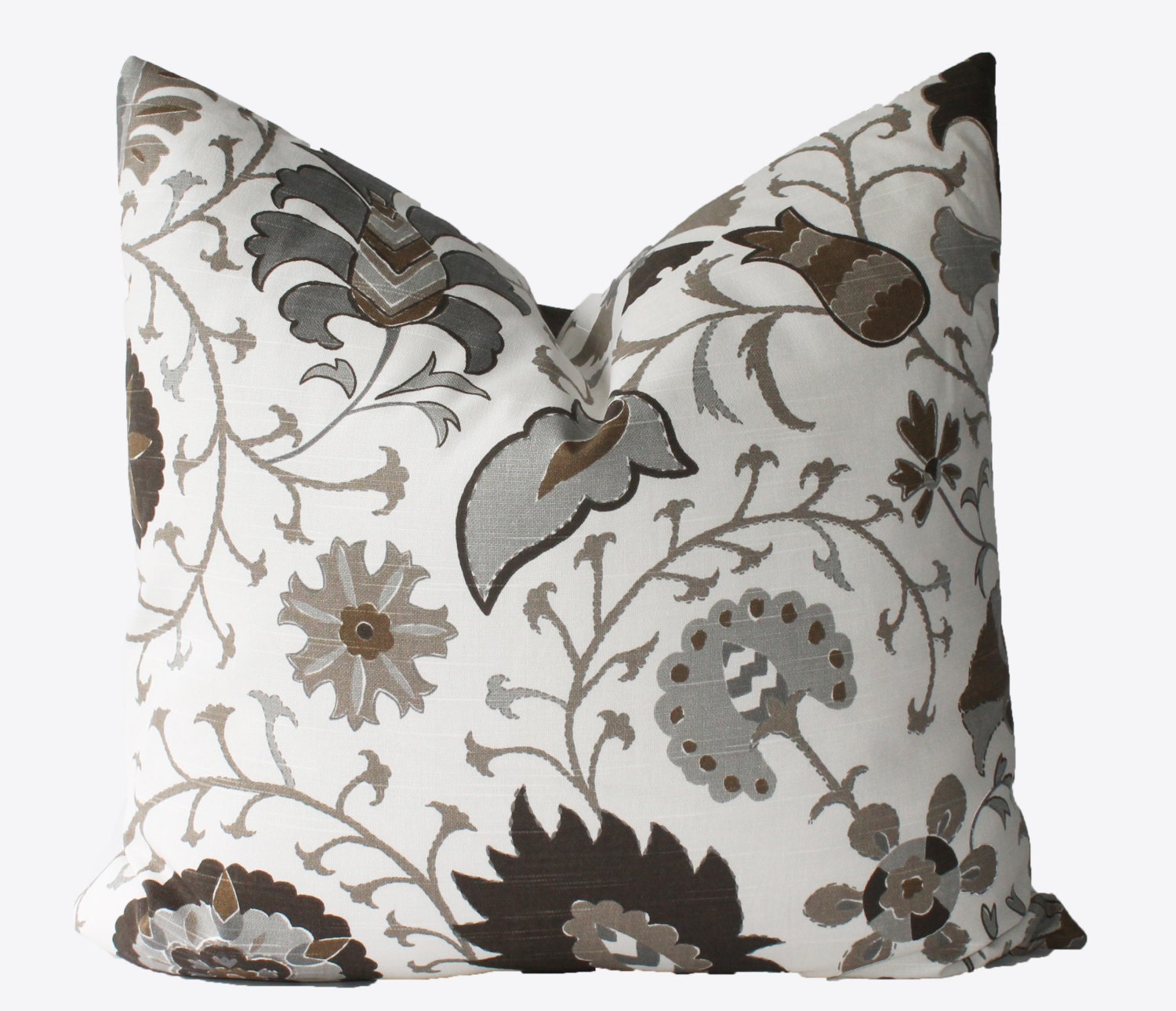Decorative Designer Brown Gray Jacobean Floral Pillow Cover