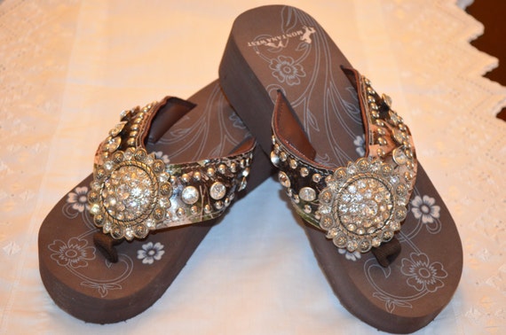 SALE Brown Wedge Bling Camo Flip Flops by BlingBlingbyCyndi
