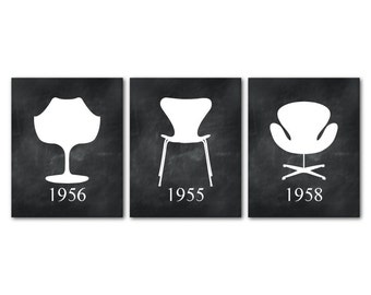 Mid Century Modern Chairs - Furniture Art - Set of 3 Prints Jacobsen Chair silhouettes - Iconic chairs swan chair egg chair - Chair Wall Art
