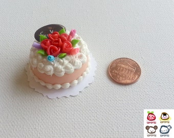 Miniature Cake, miniature clay cake, food figurine, birthday, miniature clay sweet, polymer clay cake, mini, dessert, dollhouse, tiny, rose