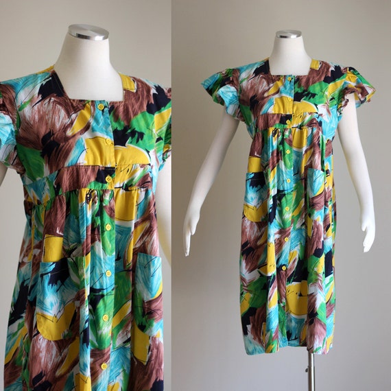 Items similar to SALE: Vintage 80s / 90s Tropical Print Dress - Casual ...