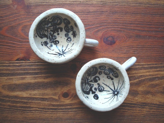 moon tea cup set STONEWARE hand pinched & painted Luna teacup