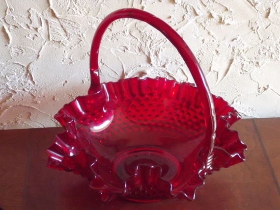 Vintage 1970s Ruby Red Fenton Hobnail Basket With Handle And Embossed Fenton Mark On Bottom