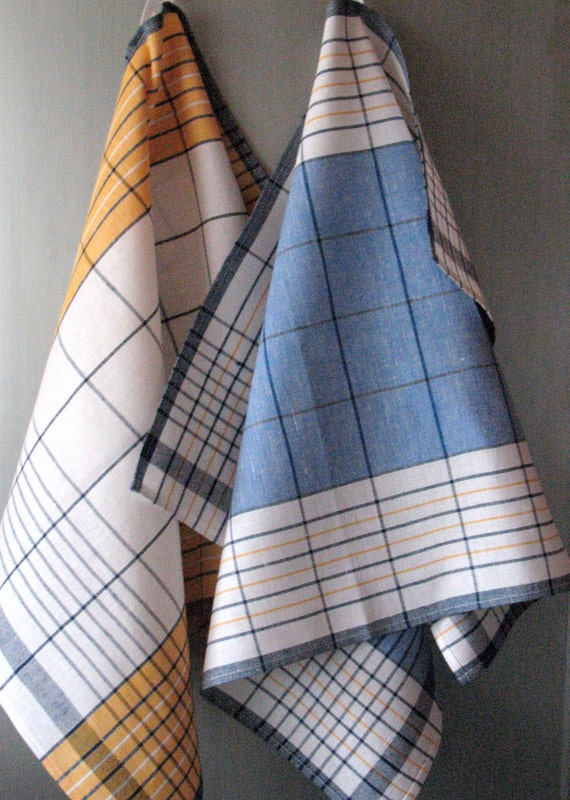 Linen Cotton Dish Towels Yellow Blue White Tea Towels set of 2