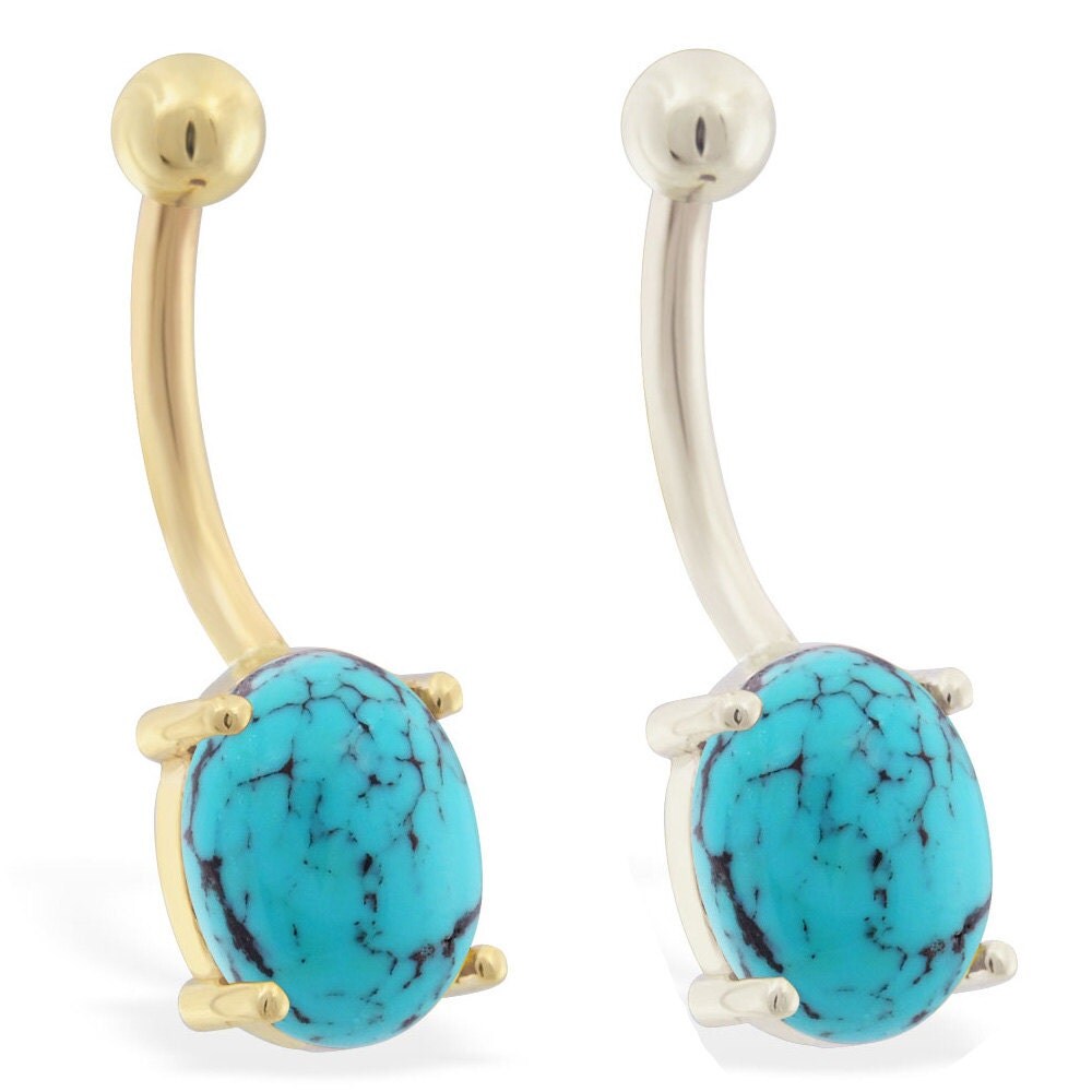 14K Solid Gold Nickel free belly ring with Natural Turquoise
