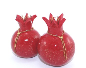 Prosperity symbol, rosh hashanah gift, table decoration, red pomegranates home decor, 2 Polymer clay Pomegranates in red and shiny gold