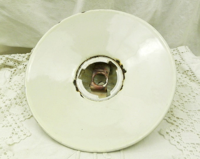Antique French White Enamelware Pendant Light Shade with Gold Bands, Hanging Ceiling Lamp Enamel Cover, Shabby Chateau Chic Decor France