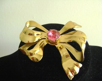 Gold Tone Bow Large Pink Rhinestone Brooch