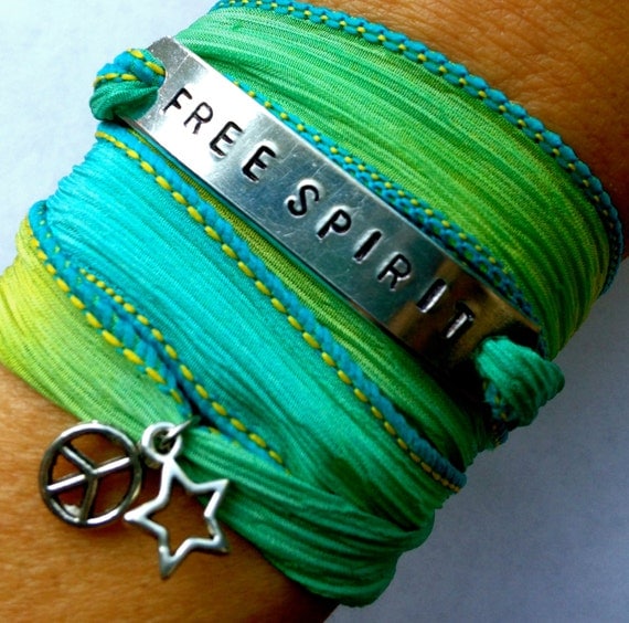 Free Spirit Hand Stamped Silk Wrap Bracelet with Star and Peace Charm armband