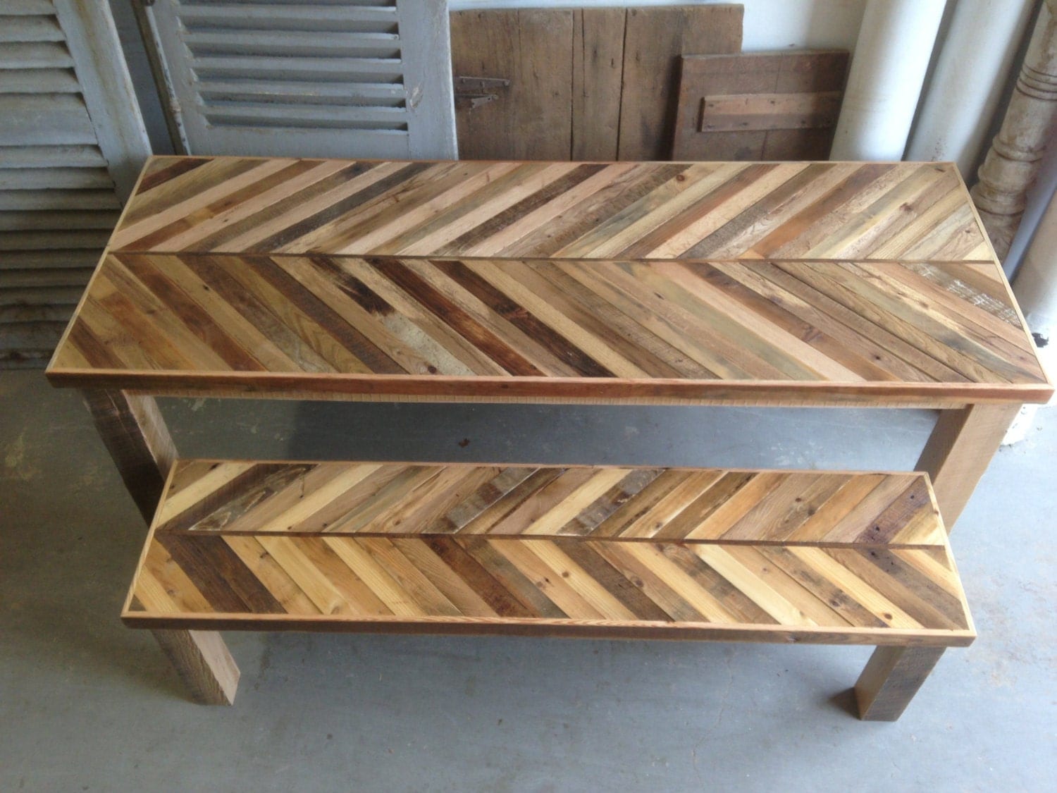 Reclaimed Pallet and Barn Wood Kitchen Table with Matching