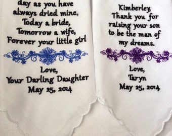 Set of two mother of bride mother of groom personalized handkerchief