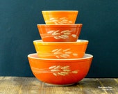 Pyrex 'Autumn Harvest' #401, #402, #403 and #404 nesting bowl set (c. 1979-86) Pyrex 'Autumn Harvest' #401, #402, #403 and #404 nesting bowl set (c. 1979-86)