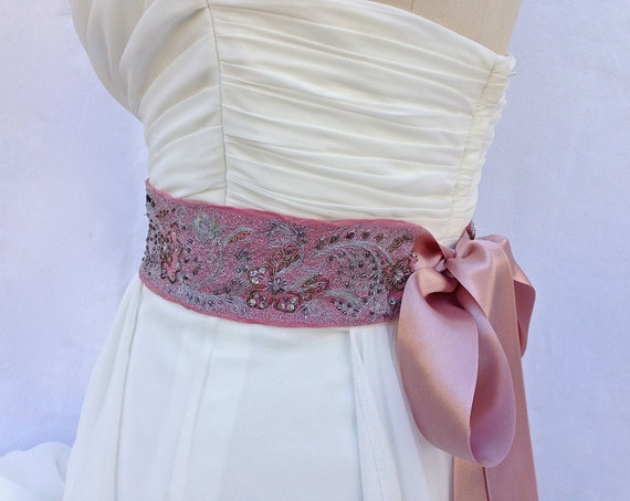 Bridal Sash Wedding Sash In Dusty Rose With Vintage Beaded