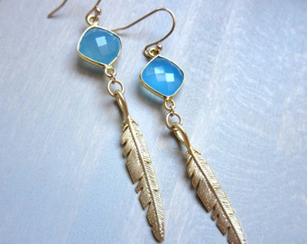 Gold Feather Earrings,Raw stone Earrings,Gemstone Feather Earrings,Feather Earrings Gold,Tribal earrings,Feather Earrings,Sky Blue Gemstone