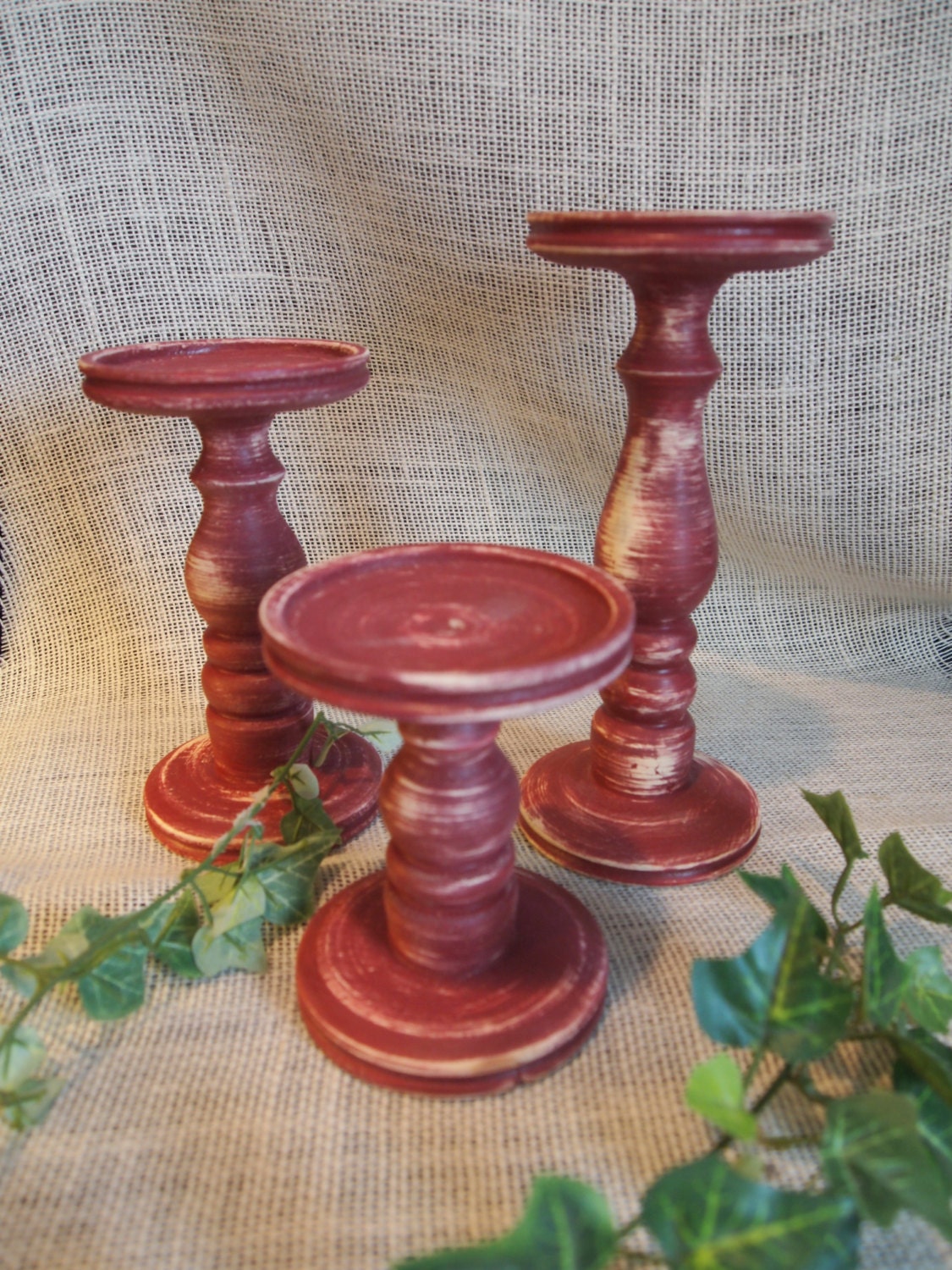 Primitive Red Pillar Candle Holder Set of 3 Lathe turned