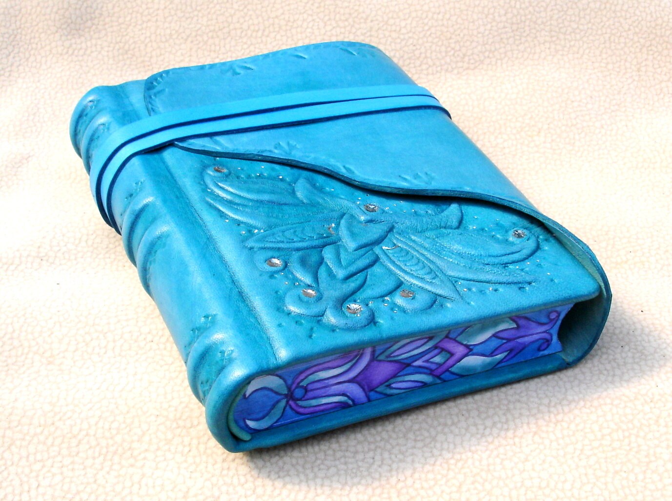 Light Blue Leather Journal Sculpted Ornate Relief Leather
