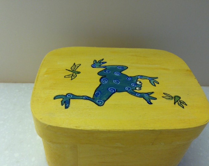 Wood Box with Lid, Decorated with Frog and Dragonflies