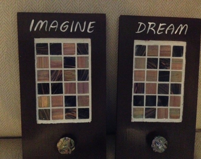 2 Solid Wood Wall Hangings with 1 Glass Knob Each - Tiled - "Dream" and "Imagine"