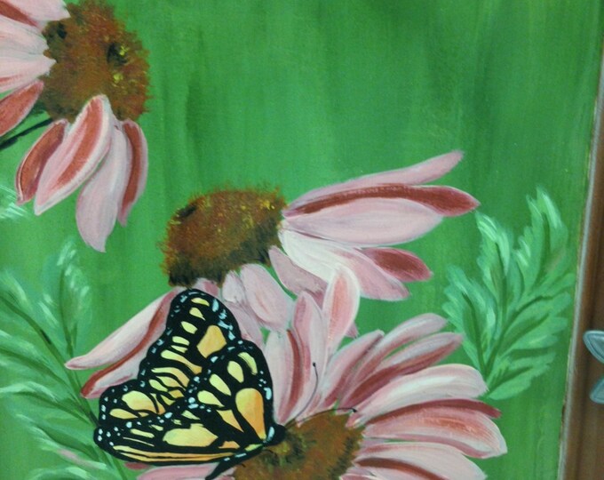 Solid Wood 14 1/2" x 13 1/2" x 3" Cabinet with 3 shelves. Coneflowers and butterfly painted in Acrylics, Metal Flower Handle