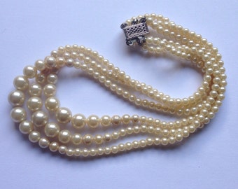 Vintage Ivory Faux Pearl Choker Necklace Small or Child's Three Strand ...