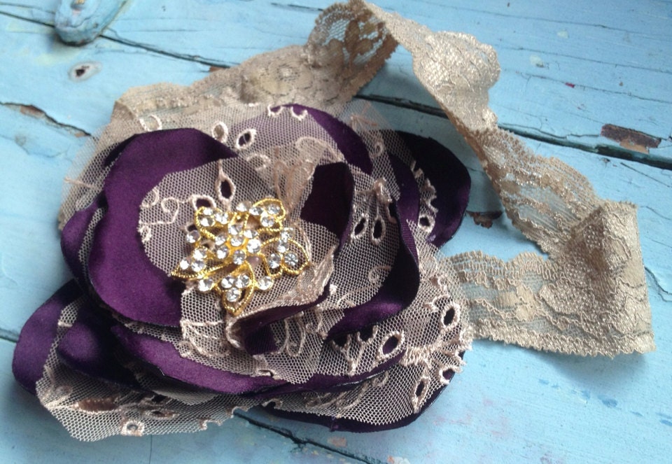 Eggplant. Gold Champagne Fabric Flower Headband Eggplant